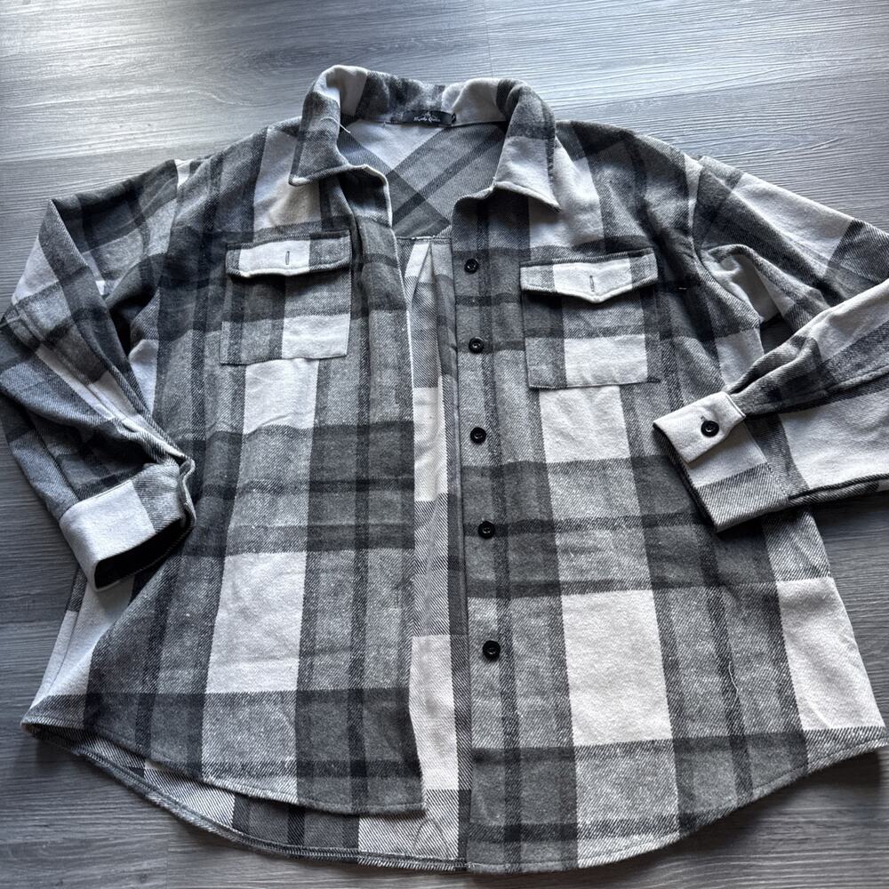 Trendy Queen Flannel Button Up Shacket, Grey, Large